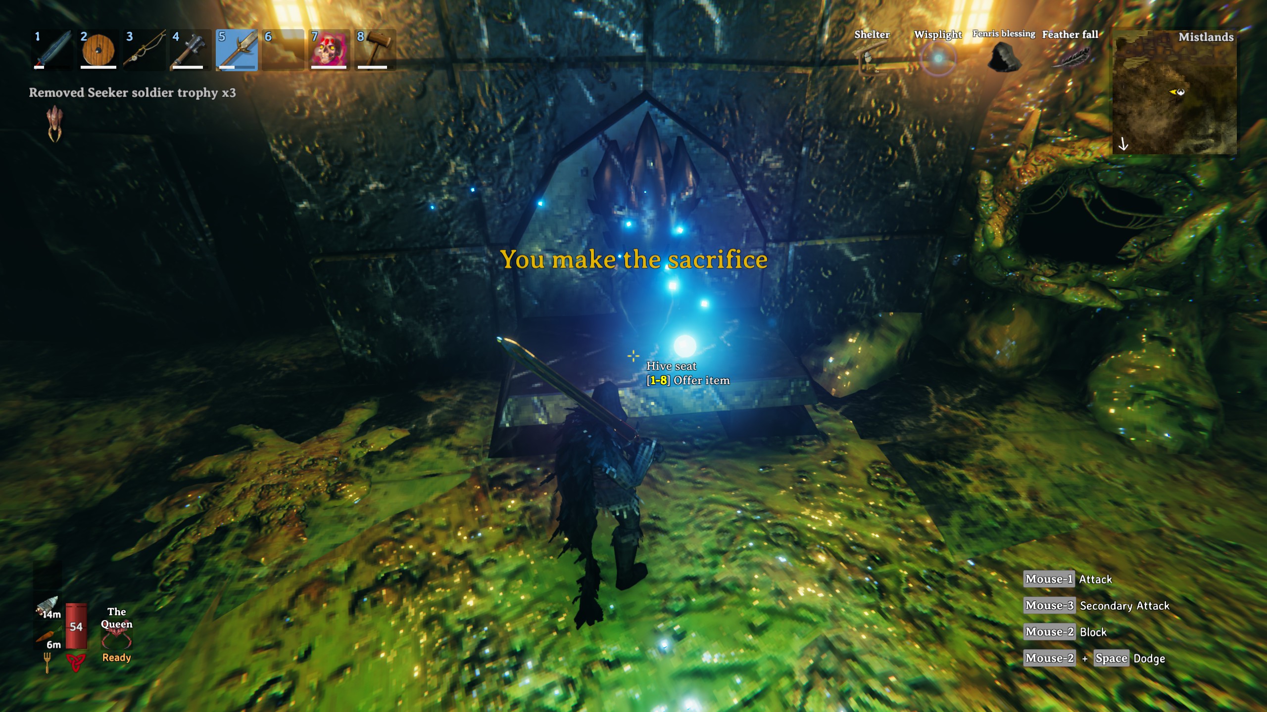 Valheim Mistlands Queen boss - A player stands at the Hive seat with a notification saying 