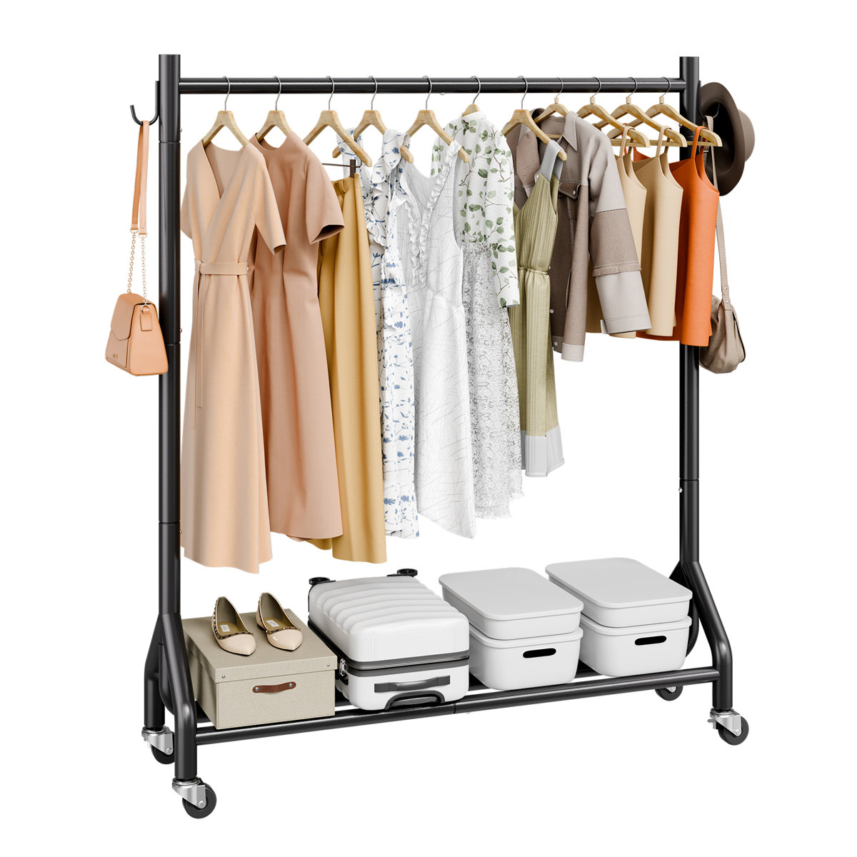 Ebern Designs Clothes Rack, Rolling Clothing Garment Rack With Hanging Rod and Side Hooks, 198 Lbs Load Capacity, Heavy Duty Carbon Steel Clothing Racks With Wheels, Ideal for Bedroom, Laundry, Living Room &amp;amp; Reviews | Wayfair