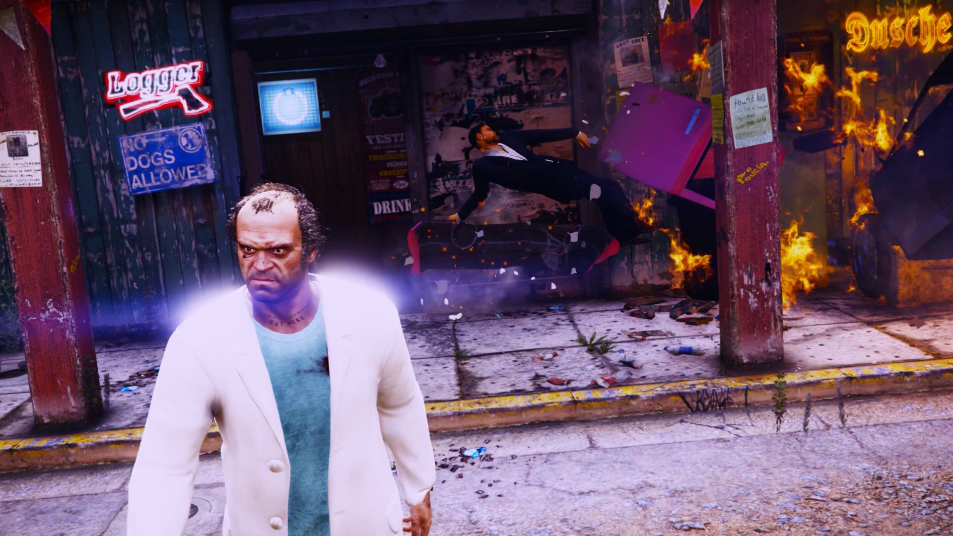 Trevor, dressed as Rick from Rick and Morty, surrounded by fire and chaos.