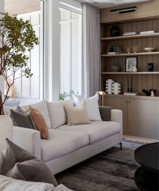 living rooms with white sofa, wooden built in shelves and a grey rug