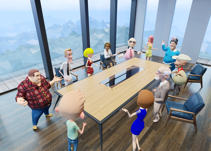 A view of a business meeting in virtual reality, where cartoon individuals stand around a large wooden table.