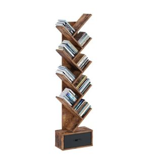 A tall bookshelf with slanted books on it
