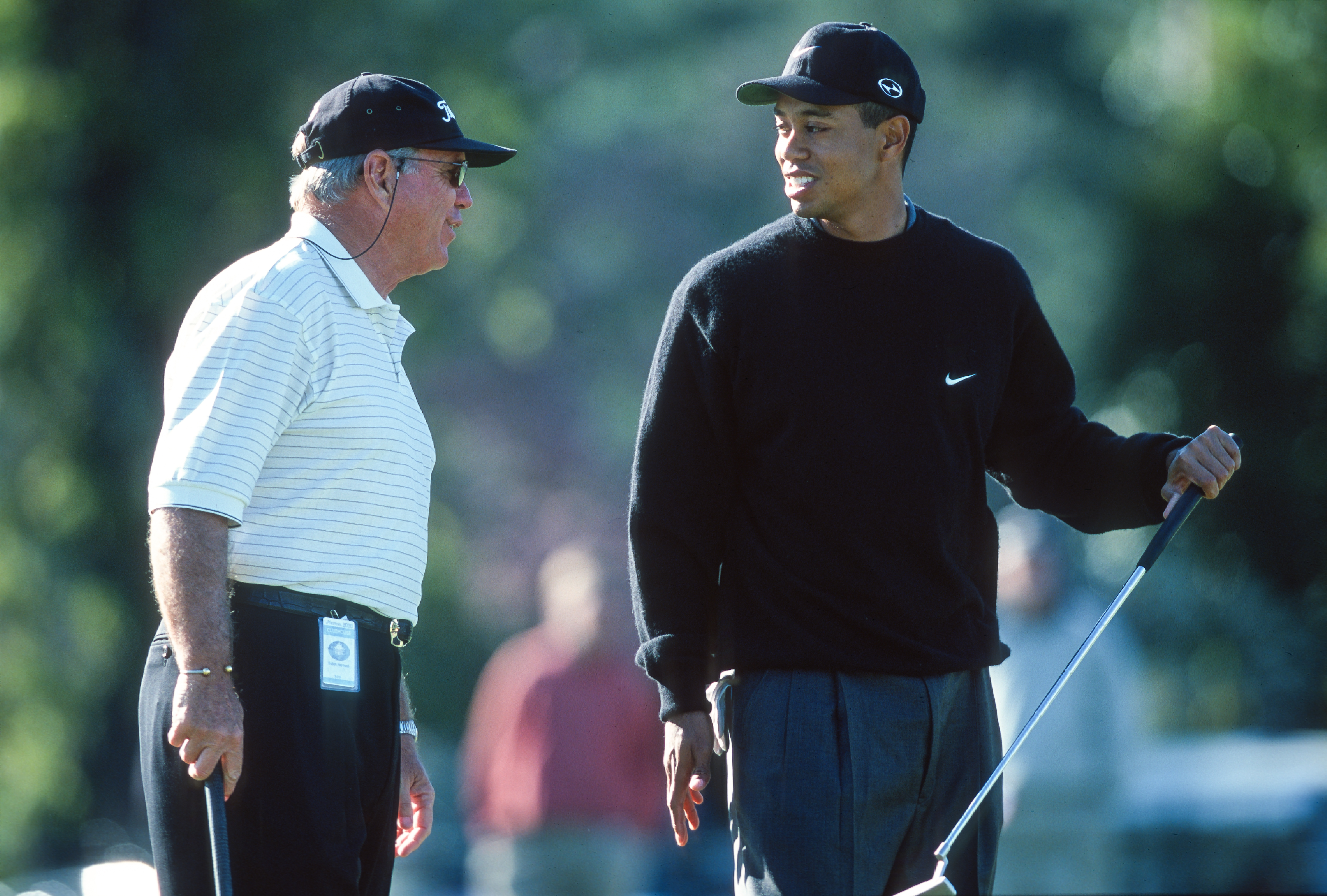 Tiger Woods of USA with his coach Butch Harmon during the Masters Golf Tournament at Augusta National Golf Club in Augusta, Georgia, on April 5th, 2000. (Photo by Simon Bruty/Anychance/Getty Images)
