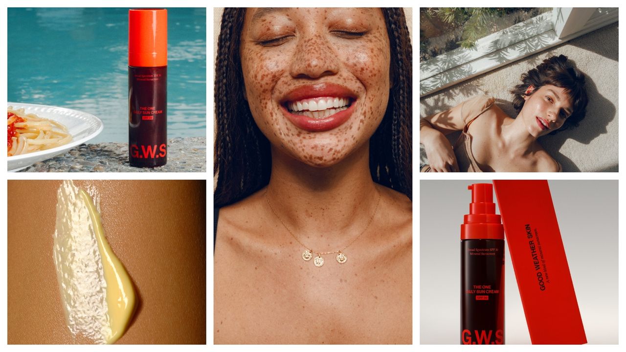 grid with two women in bare glowy skin, one swipe of cream colored sunscreen and two red bottles