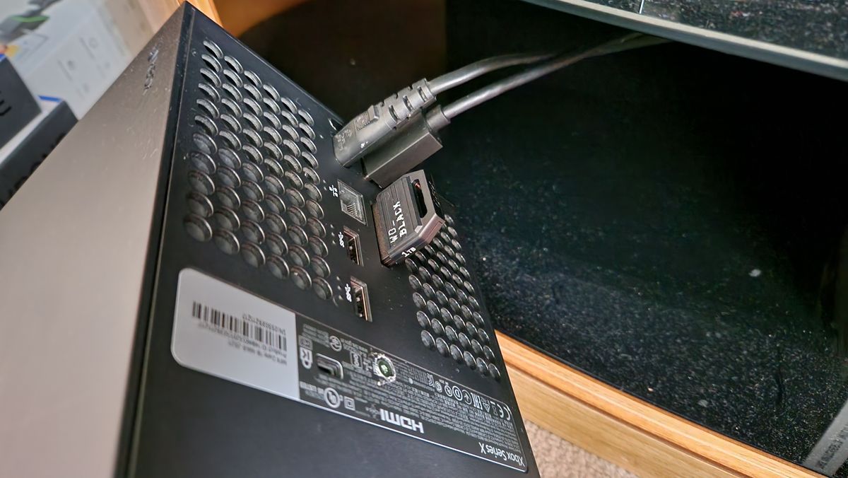 WD Black C50 expansion card in the back of an Xbox Series X