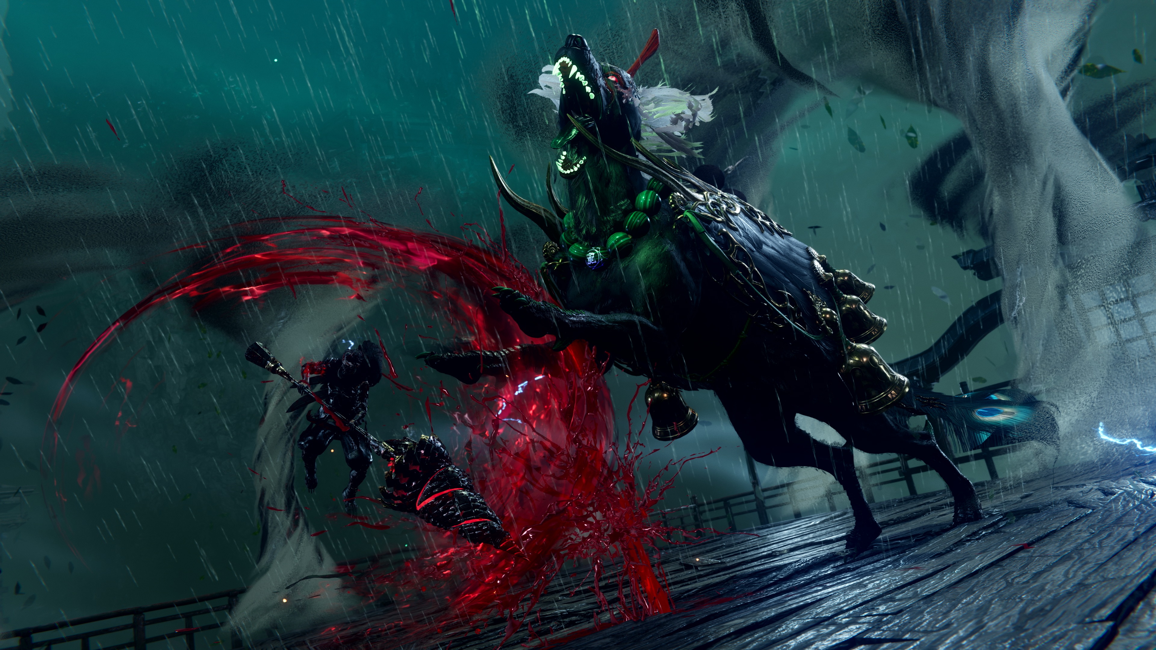 Yakumo using a lance weapon against a large daemon in Ninja Gaiden 4