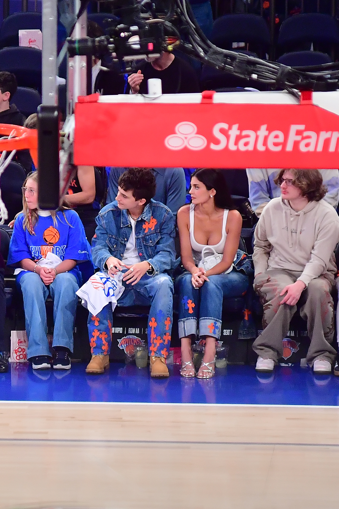 Kylie Jenner and Timoth&amp;eacute;e Chalamet matched in double-denim outfits at the Knicks vs. Spurs Game 4