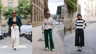 A composite of street style influencers showing how to style loafers with wide leg trousers