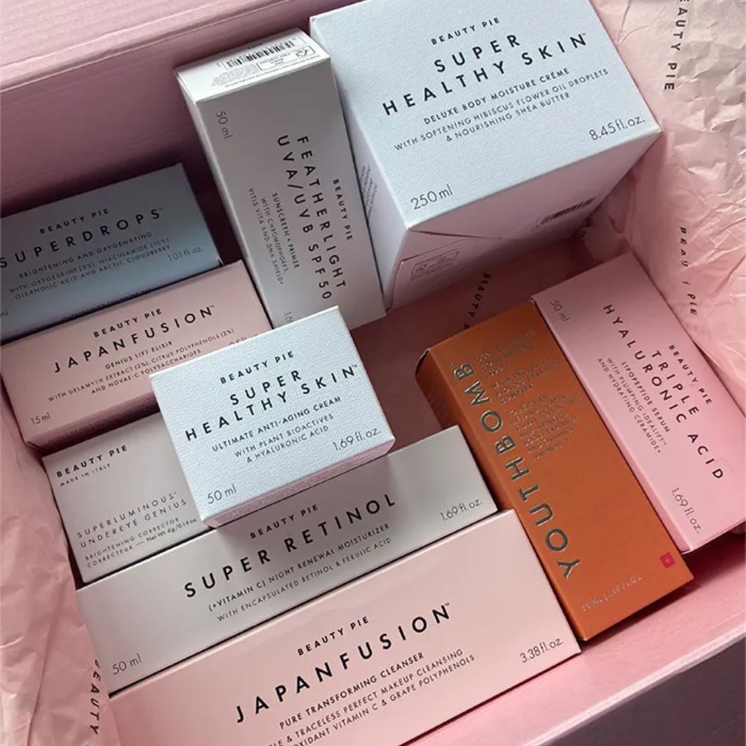 A photo of beauty pie products in order packaging