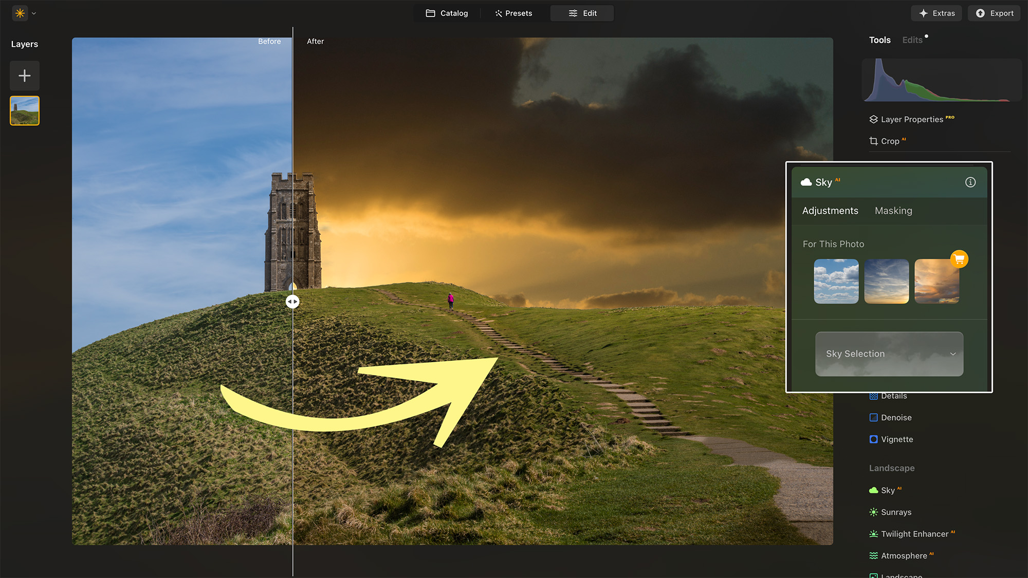 Luminar Neo screenshot showing historic building on hill with blue sky and sunset sky to show before and after effect of replacing sky  