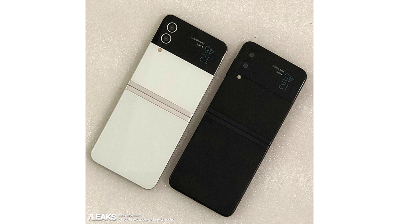 A leaked photo of dummy Samsung Galaxy Z Flip 4 units in black and white tones