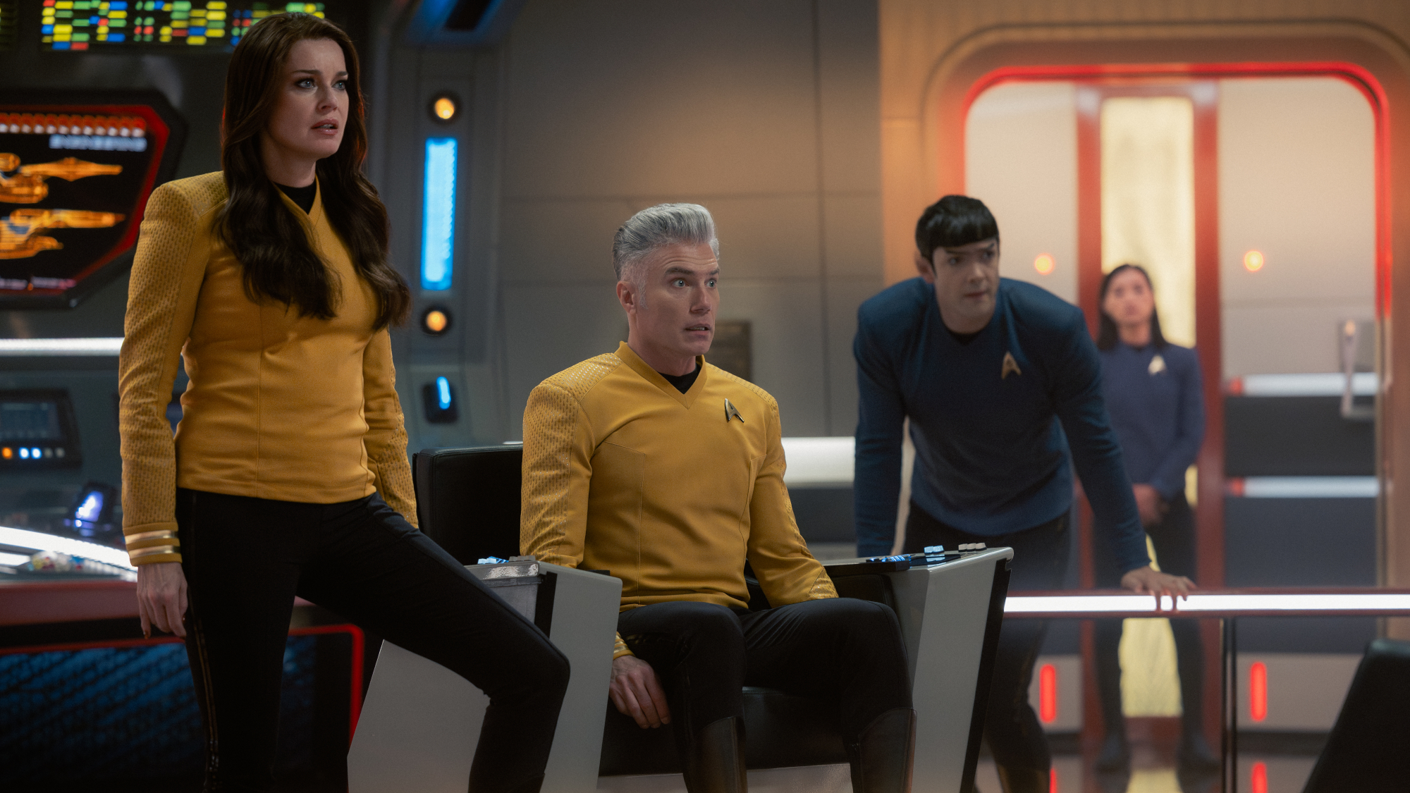 (L-R): Rebecca Romijn as Una, Anson Mount as Captain Pike, and Ethan Peck as Spock in Star Trek: Strange New Worlds, episode 9, season 4