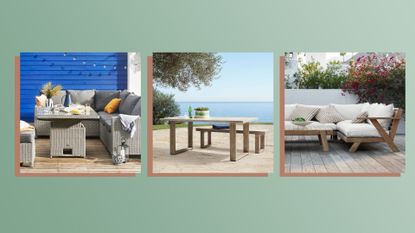 A composite image of three of the best outdoor furniture sets on sale in 2022 featuring coern sofa set with adjustable table concrete dining table and comfortable outdoor sofa 