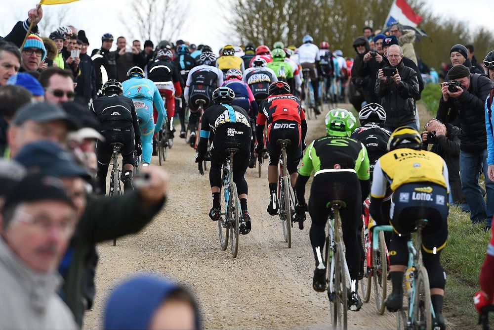 Riders climb a small hill during stage 1 at Paris-Nice.