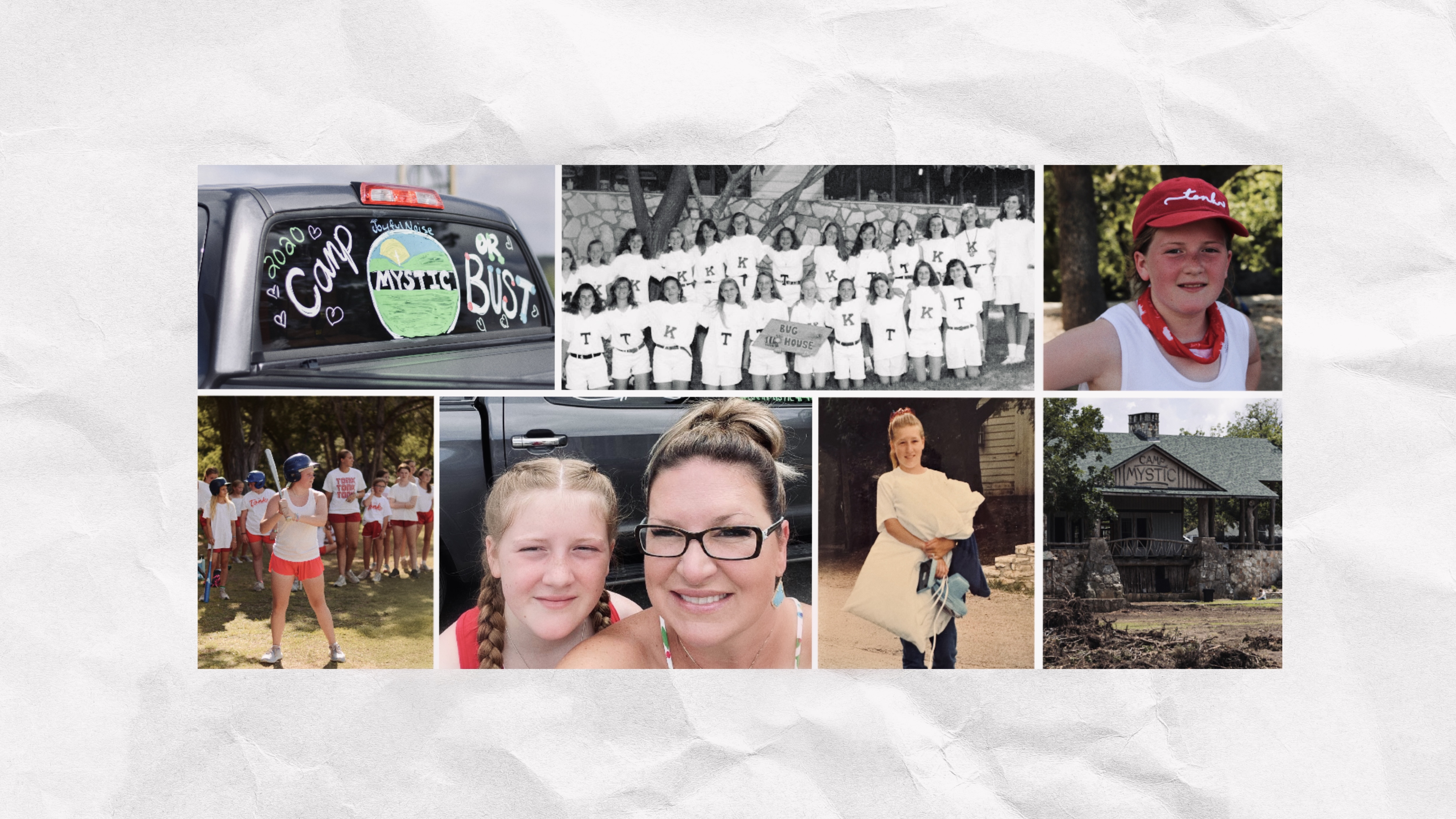 A collage of Camp Mystic memories: A truck window painted with \201cCamp Mystic or Bust,\201d a vintage black-and-white photo of a girls’ camp group in matching shirts, a young girl in a red hat and bandana, campers playing softball, a mother and daughter smiling for a selfie, a girl holding bedding, and a photo of the rustic Camp Mystic entrance.