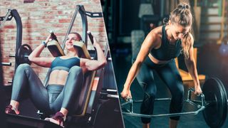 A woman using a hack squat machine next to a photo of a woman Woman performing a hex bar deadlift mid lift in a gym 