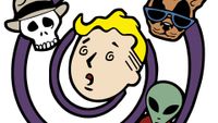 New Vegas Wild Wasteland perk art colorized with swirly eyed vault boy surrounded by french bulldog wearing sunglasses, skull detective, alien