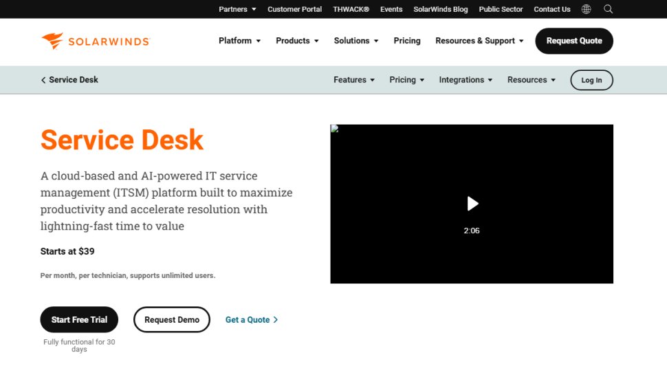 Website screenshot of SolarWinds Service Desk (February, 2026)