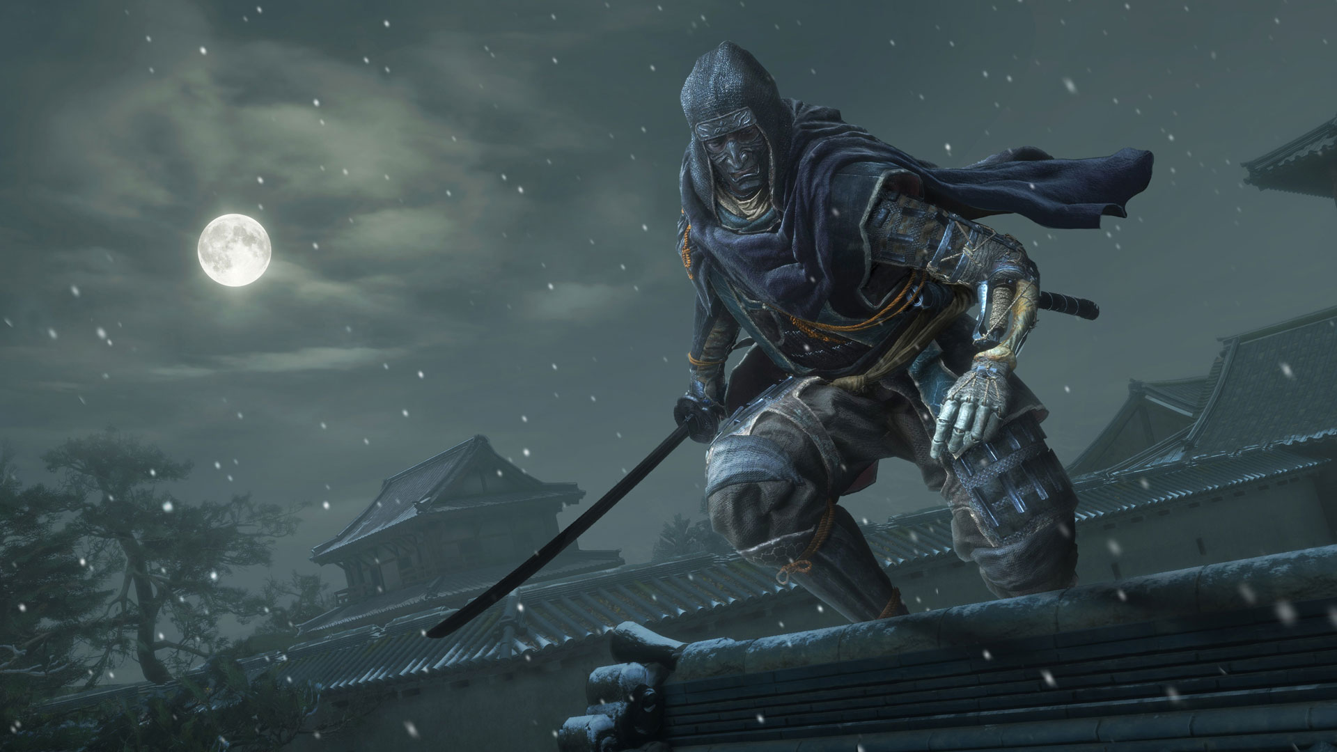 An image of the protagonist Ninja from Sekiro in a the new DLC costume, resembling Samurai armor.