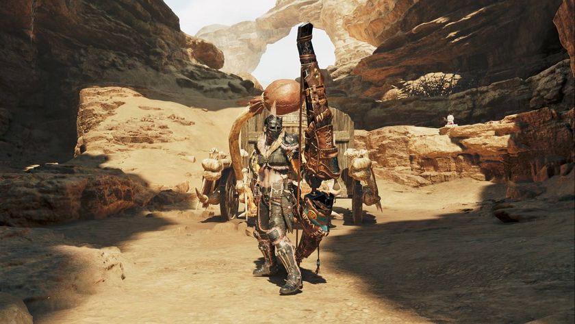 The player standing in front of the practice dummy wielding the Bow in Monster Hunter Wilds.