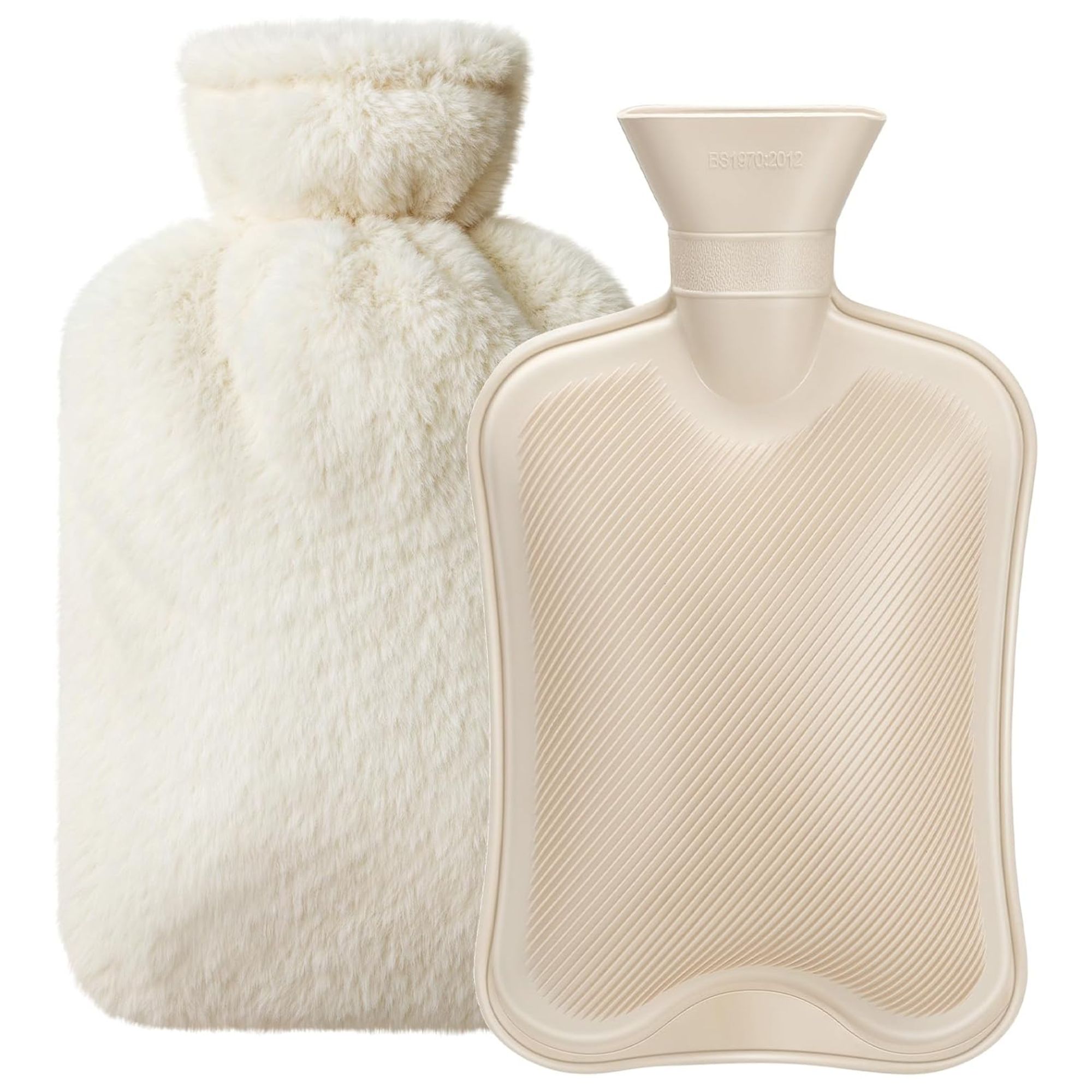 White hot water bottle with fluffy cover