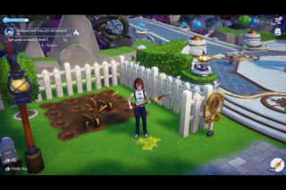 The player character standing in front of their garden in Disney Dreamlight Valley.