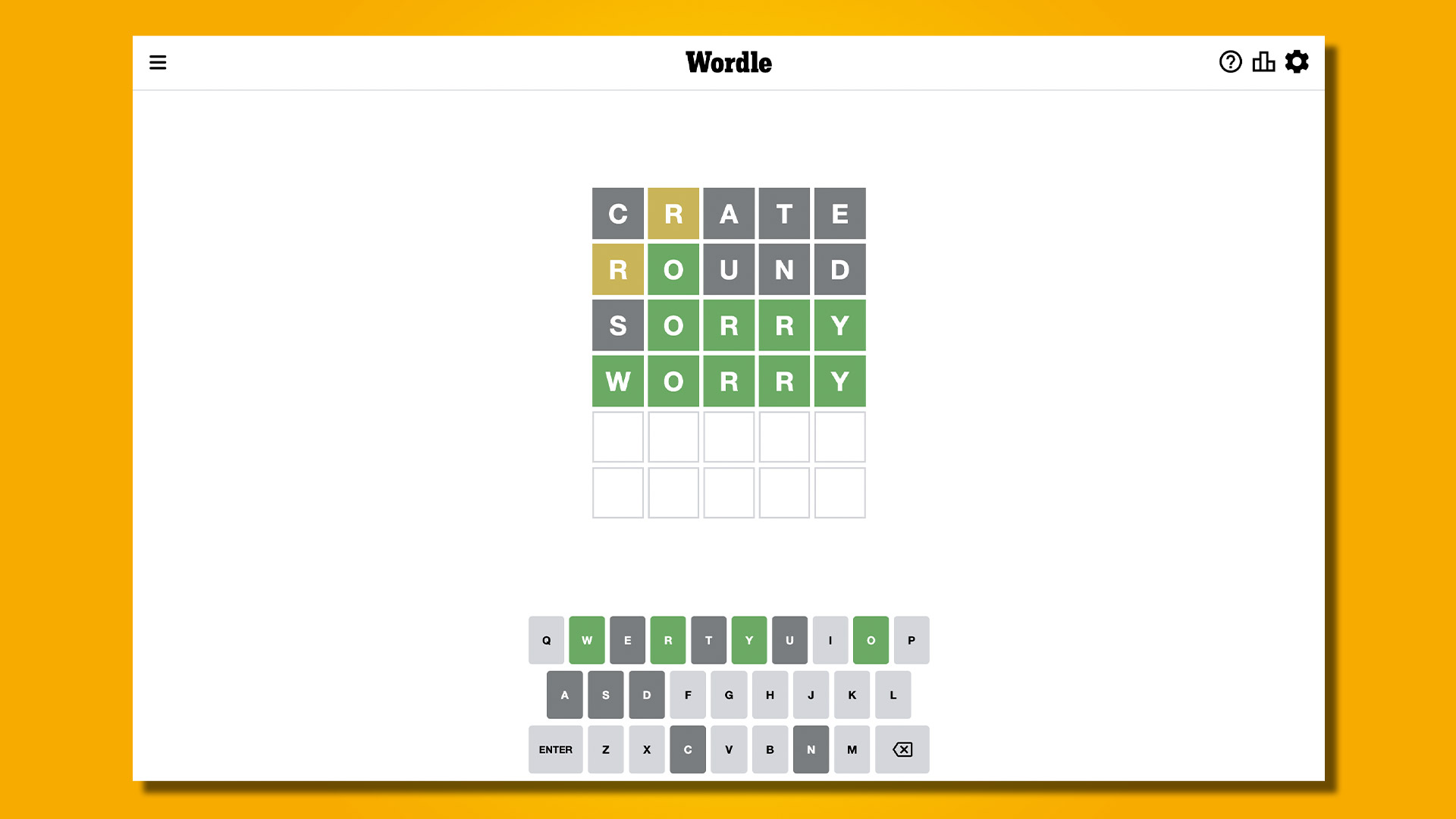Réponse Wordle 587, 27 janvier 2023, sur fond jaune