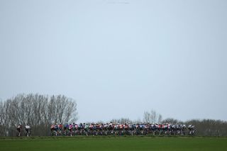 The pack of riders cycles during the 1st stage of the Paris-Nice cycling race, 156,1 km between Le Perray-en-Yvelines and Le Perray-en-Yvelines, on March 9, 2025. (Photo by Anne-Christine POUJOULAT / AFP)