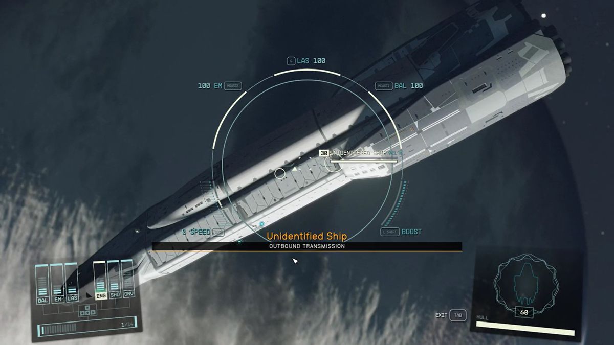An external view of the Constant spaceship in Starfield.