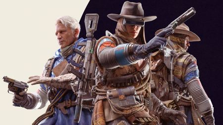 Arc Raiders Trophy Display: Key art showing three characters. The one on the left is wearing a blue pincho and holding a pistol ready at their hip. The middle figure is wearing a brown poncho and cowboy hat, facing the camera with a pistol across their chest. On the right is another character in a brown poncho and hat but facing away.