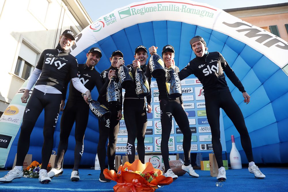 Team Sky celebrate the TTT win at Coppi e Bartali