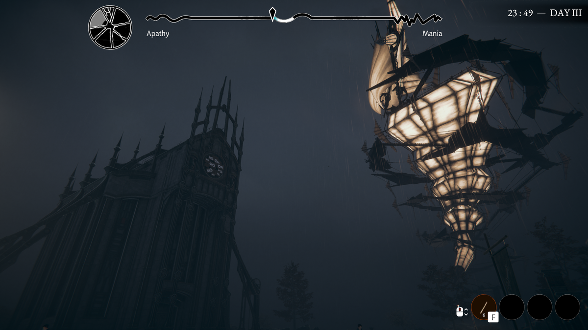 Screenshot of Pathologic 3: low-angle shot of a cathedral and a strange, illuminated building side-by-side