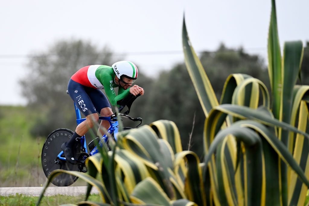LAGOAPRAIA DO CARVOEIRO ALGARVE PORTUGAL FEBRUARY 19 Filippo Ganna of Italy and Team INEOS Grenadiers sprints during the 49th Volta ao Algarve em Bicicleta 2023 Stage 5 a 244km individual time trial stage from Lagoa to Lagoa VAlgarve2023 on February 19 2023 in Lagoa Algarve Portugal Photo by Tim de WaeleGetty Images
