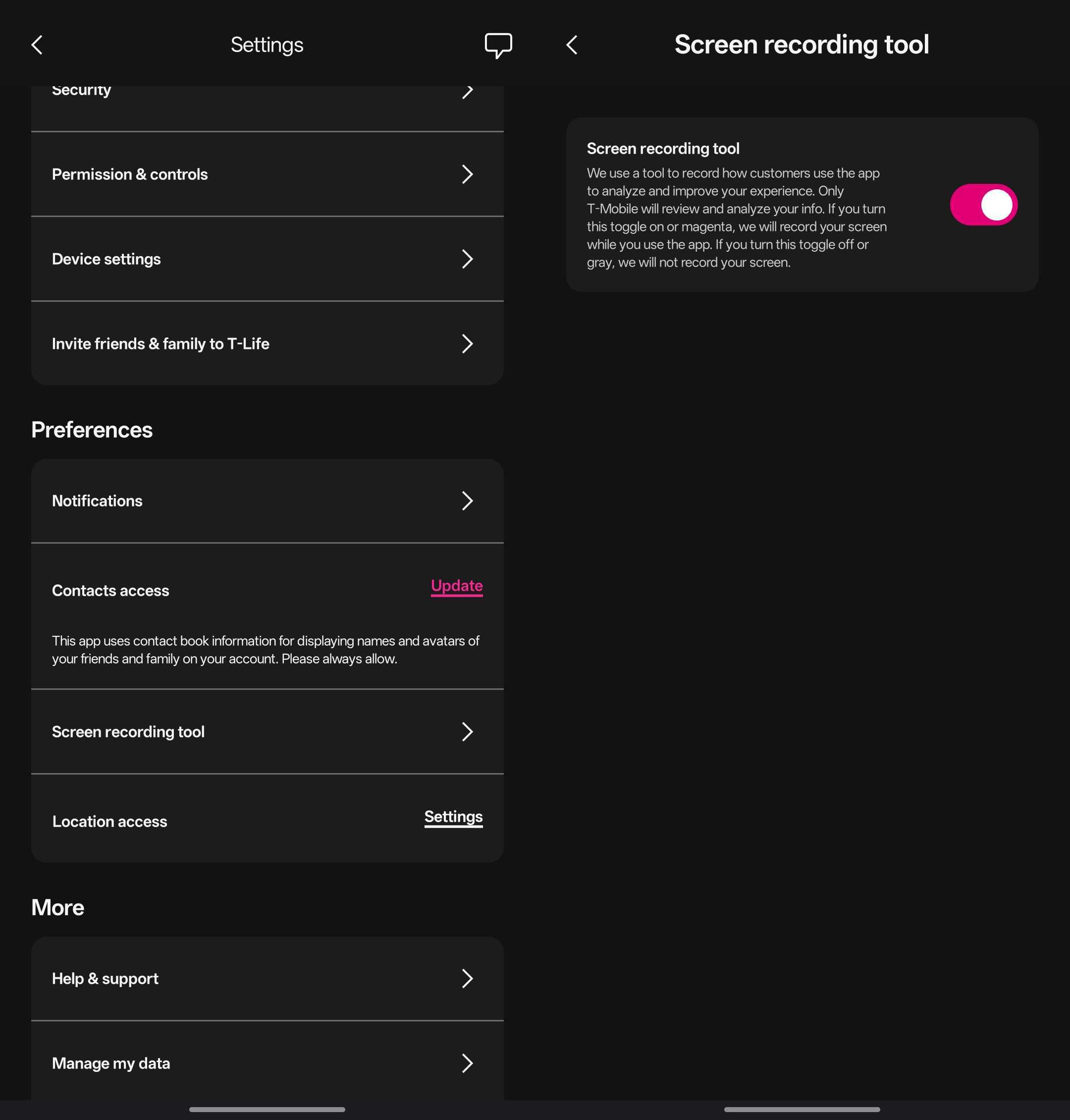 Screenshot of the screen re4cording tool settings in the T-Life app for Android.