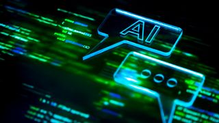 A rendered image showing an AI speech bubble icon over blurred programming code background, symbolizing chatbot communication, machine learning, cloud data exchange and futuristic digital interaction