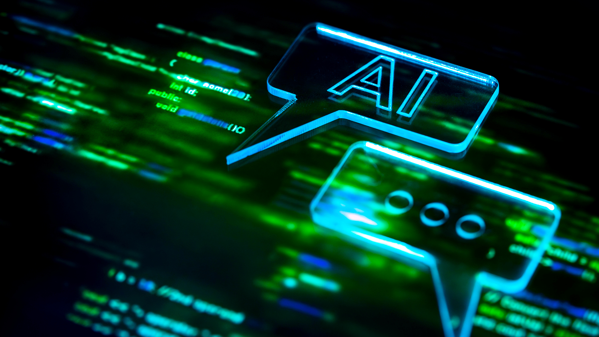 A rendered image showing an AI speech bubble icon over blurred programming code background, symbolizing chatbot communication, machine learning, cloud data exchange and futuristic digital interaction
