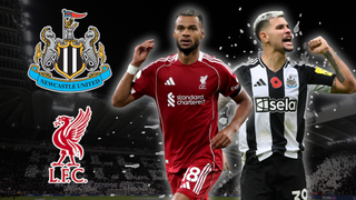 Cody Gakpo of Liverpool and Bruno Guimarães of Newcastle with St James' Park in the background