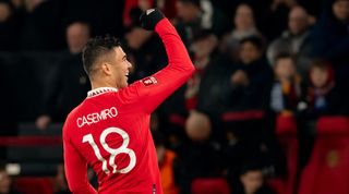 Casemiro celebrates one of his two goals for Manchester United against Reading in the FA Cup in January 2023.