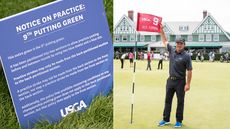 A sign explaining the ninth hole at Oakmont Country Club. A player holding the ninth flag on the green
