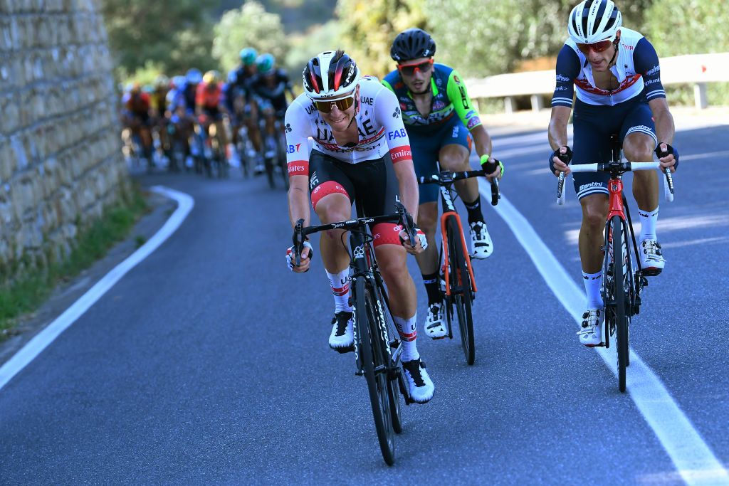 SANREMO ITALY AUGUST 08 Giulio Ciccone of Italy and Team Trek Segafredo Tadej Pogacar of Slovenia and UAE Team Emirates Cipressa 239m during the 111st Milano Sanremo 2020 a 305km race from Milano to Sanremo MilanoSanremo MilanoSanremo on August 08 2020 in Sanremo Italy Photo by Nico Vereecken PoolGetty Images