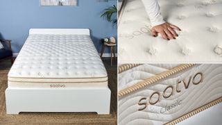 A collage of images of the Saatva Classic in our Sleep Lab: On the left, the Saatva Classic mattress ona bed frame from above. Top right: a hand presses into the surface of the Saatva Classic mattress. Bottom right, a close up of the Saatva Classic mattress logo.