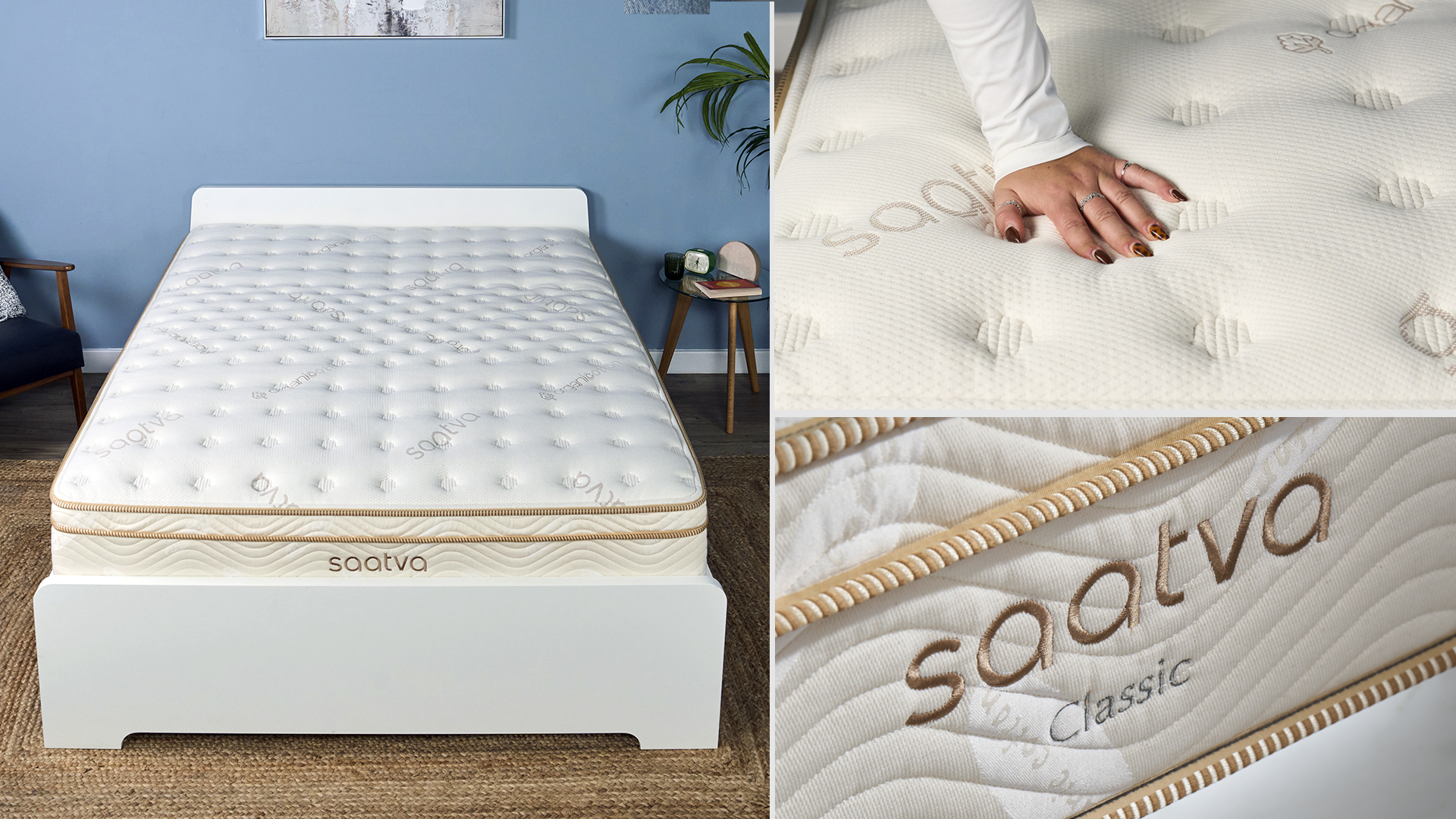 A collage of images of the Saatva Classic in our Sleep Lab: On the left, the Saatva Classic mattress ona bed frame from above. Top right: a hand presses into the surface of the Saatva Classic mattress. Bottom right, a close up of the Saatva Classic mattress logo.
