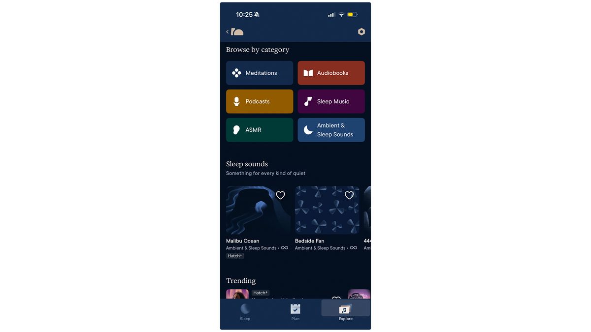 A screenshot of the Hatch Sleep Clock app showing the categories to explore