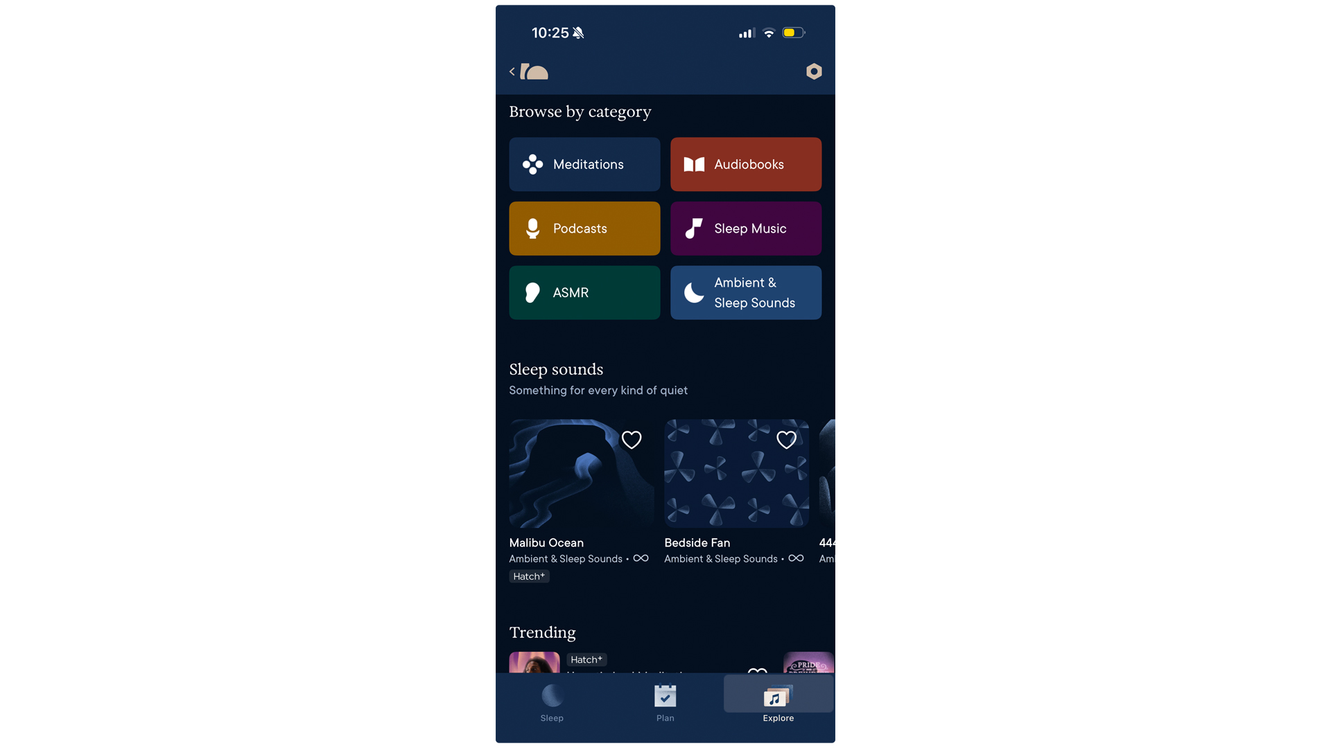 A screenshot of the Hatch Sleep Clock app showing the categories to explore