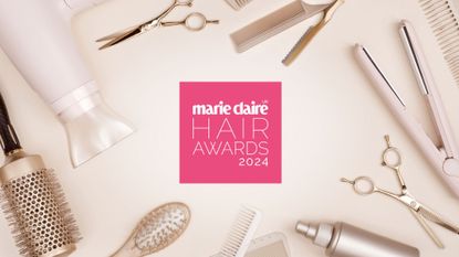 a selection of hair tools and products with a pink Marie Claire UK Hair Awards 2024 logo in the middle