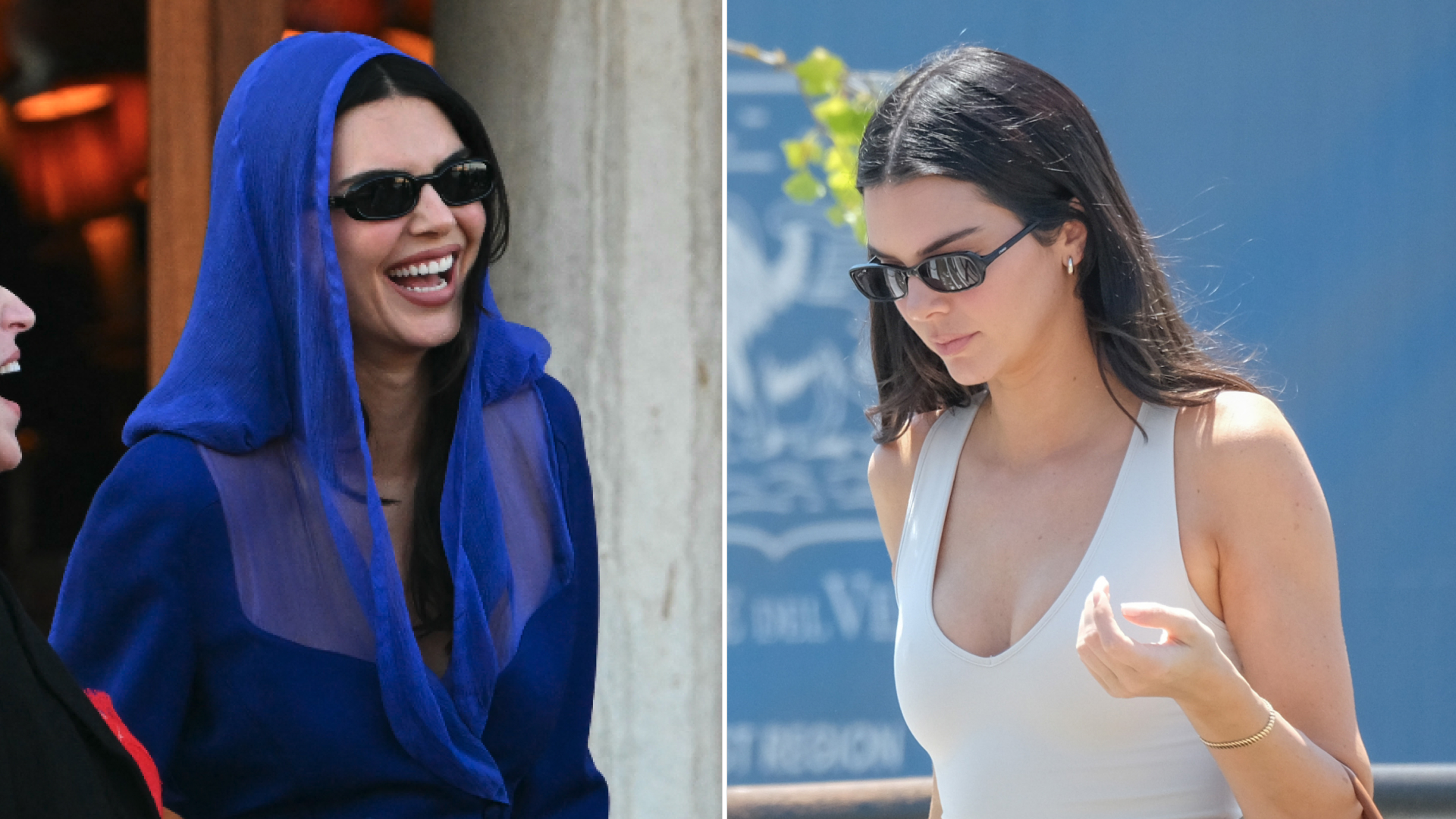 Kendall Jenner wears a simple vest top and vintage Mugler during the Bezos-Sanchez Venice wedding weekend
