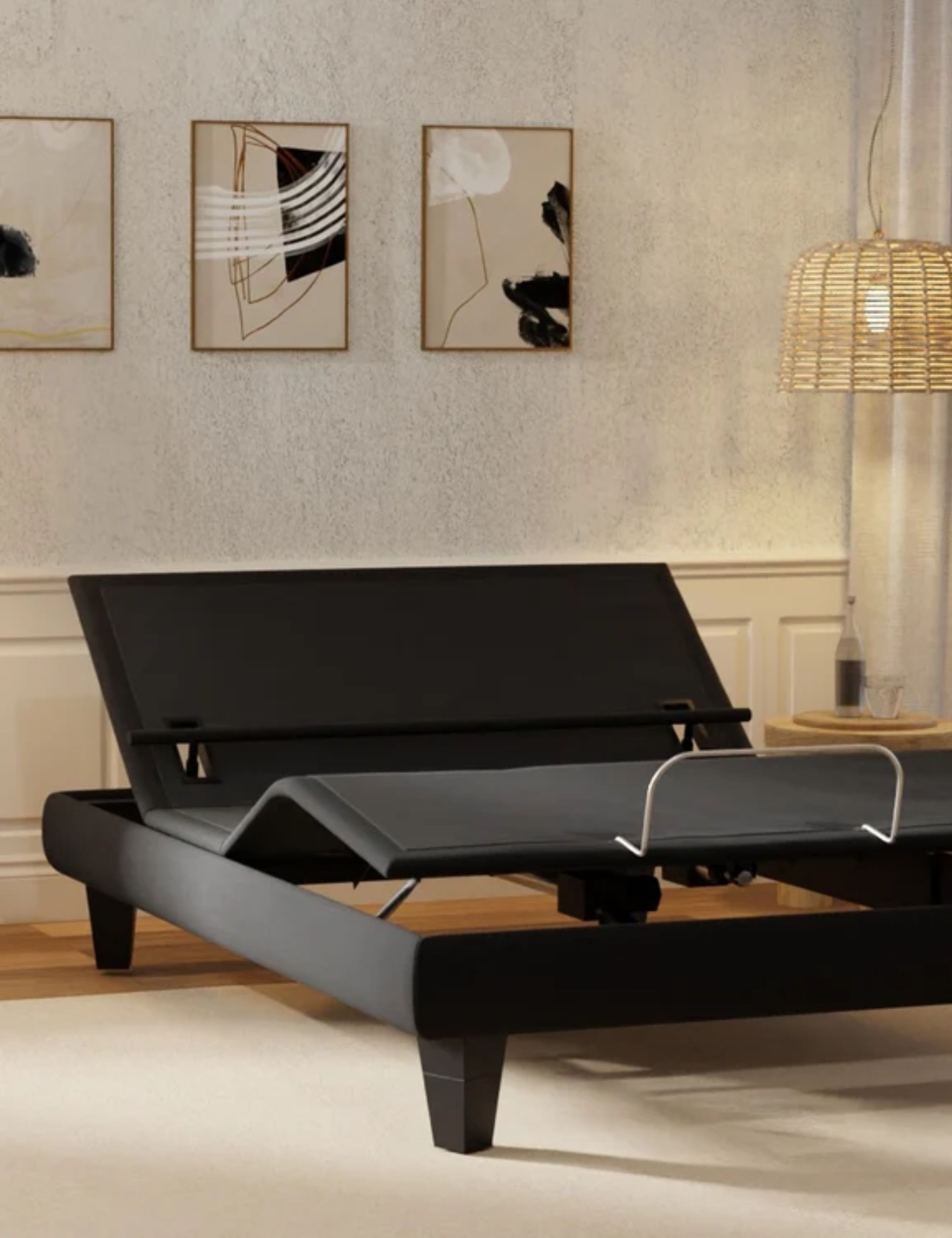 Adjustable upholstered bed in neutral bedroom