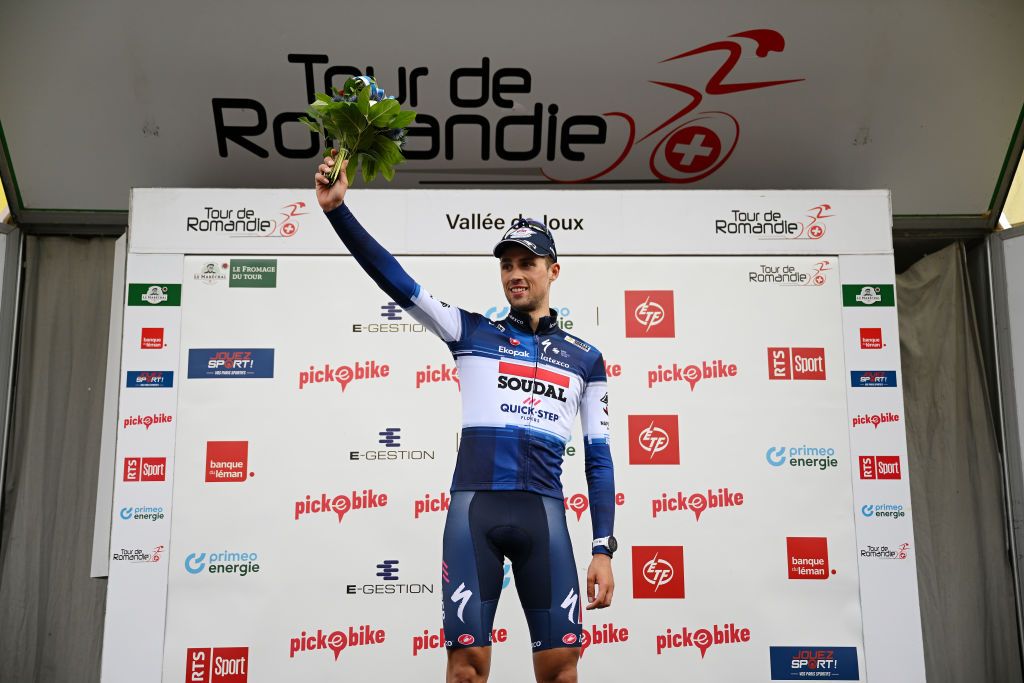 VALLE DE JOUX SWITZERLAND APRIL 26 Ethan Vernon of United Kingdom and Team Soudal QuickStep celebrates at podium as stage winner during the 76th Tour De Romandie 2023 Stage 1 a 1709km stage from Crissier to Valle de Joux 1019m UCIWT on April 26 2023 in Valle de Joux Switzerland Photo by Dario BelingheriGetty Images
