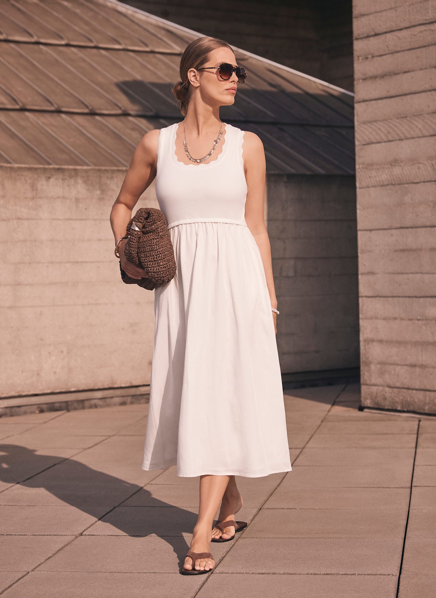 White Scallop Trim Midi Dress