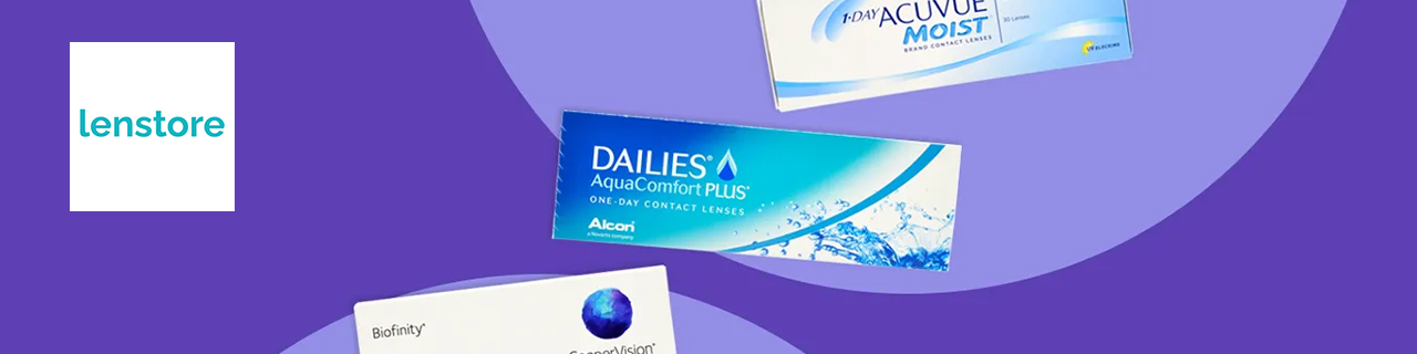 lenstore logo top left with three contact lenses with purple shapes 